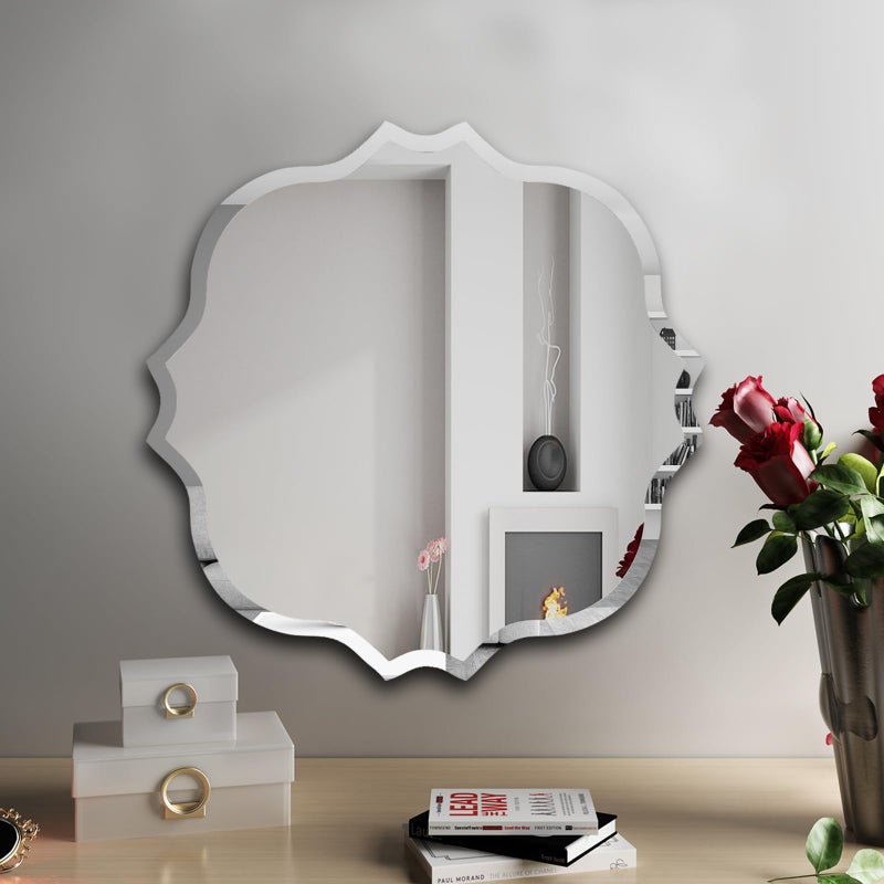 KOHROS Frameless Scalloped Mirror 24â€ x 24" Bathroom Wall Mirror w/Polished Shape Beveled Edge Mirror for Bathroom Vanity (Silver) - Image 4